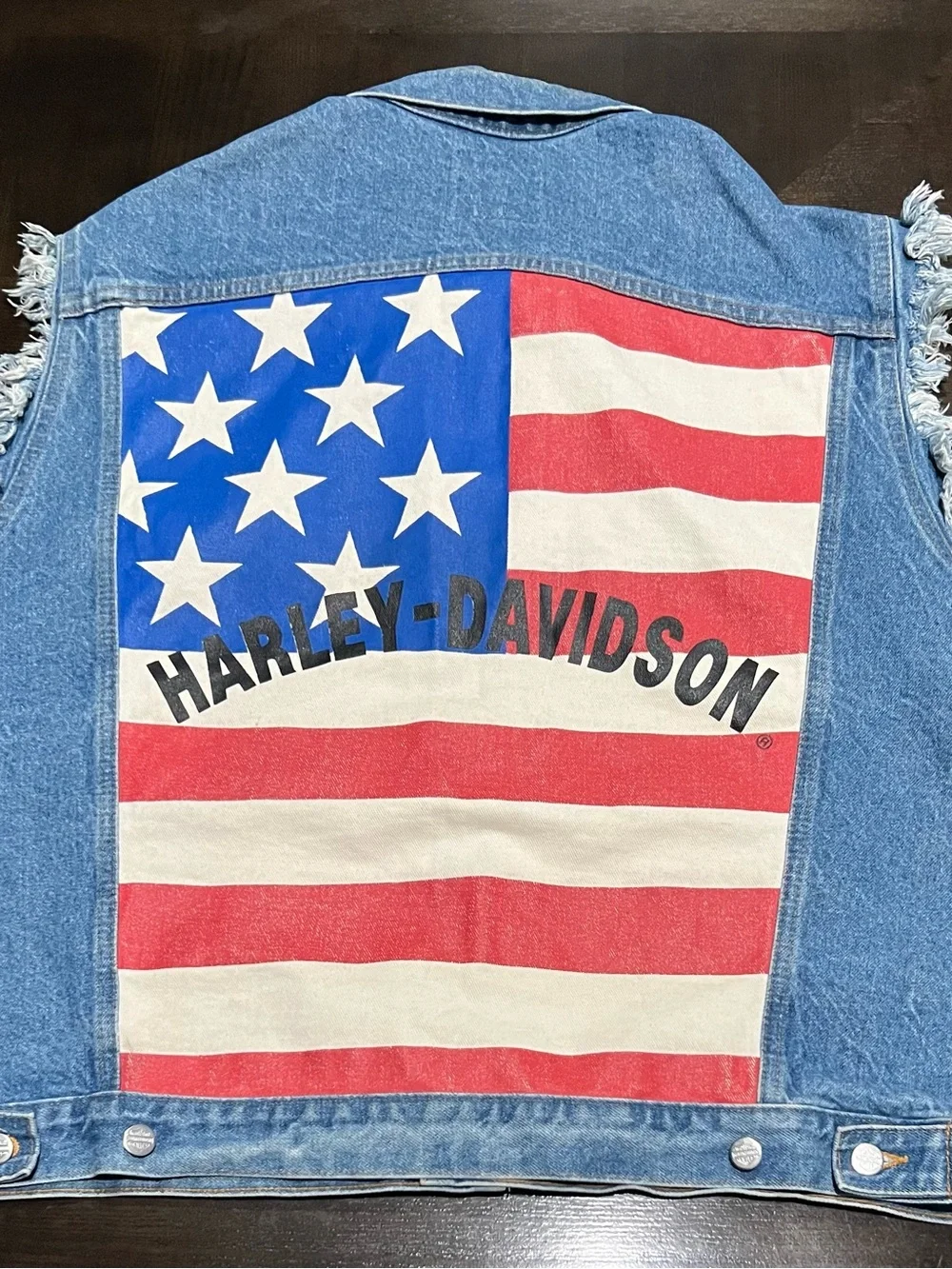 Harley-Davidson Biker Blues XL Denim Sleeveless Vest Frayed Sleeves USA Flag